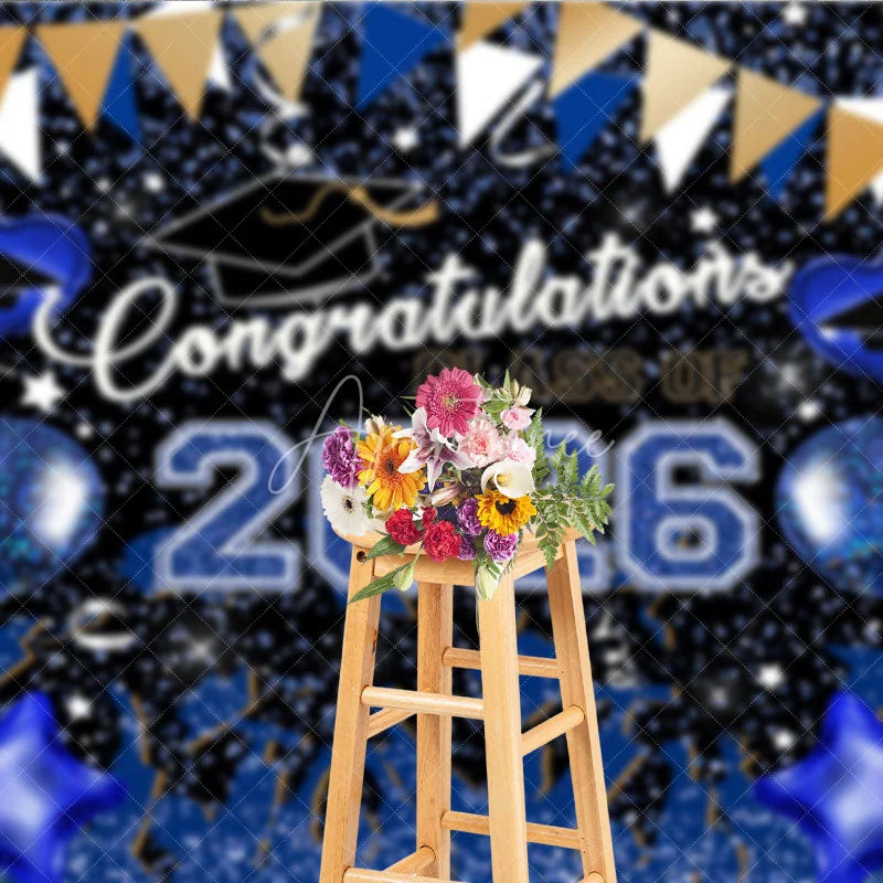 Aperturee - Blue Gold Glitter Balloons Congrats 2026 Grad Backdrop