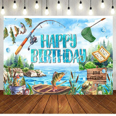 Aperturee - Blue Lake Wood Boat Fishing Happy Birthday Backdrop