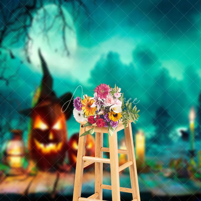 Aperturee - Blue Moon Clouds Pumpkin Candles Halloween Backdrop