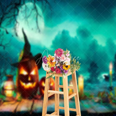 Aperturee - Blue Moon Clouds Pumpkin Candles Halloween Backdrop