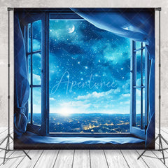 Aperturee - Blue Night Starry Quiet Town Window Backdrop