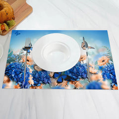 Aperturee - Blue Orange Flowers Butterfly Set Of 4 Placemats