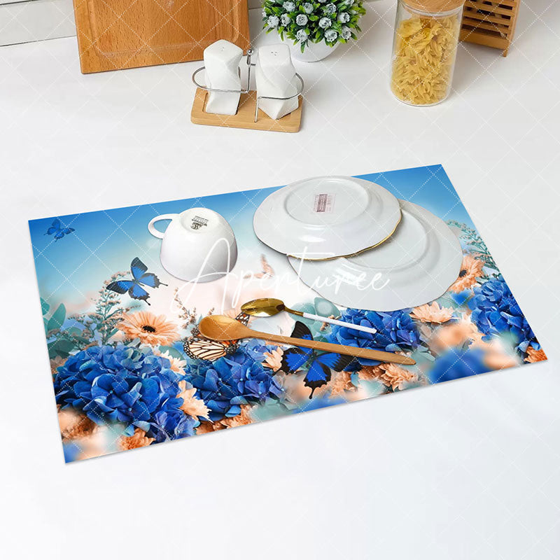 Aperturee - Blue Orange Flowers Butterfly Set Of 4 Placemats