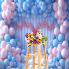 Aperturee - Blue Pink Balloon Stripe Wall Photography Backdrop