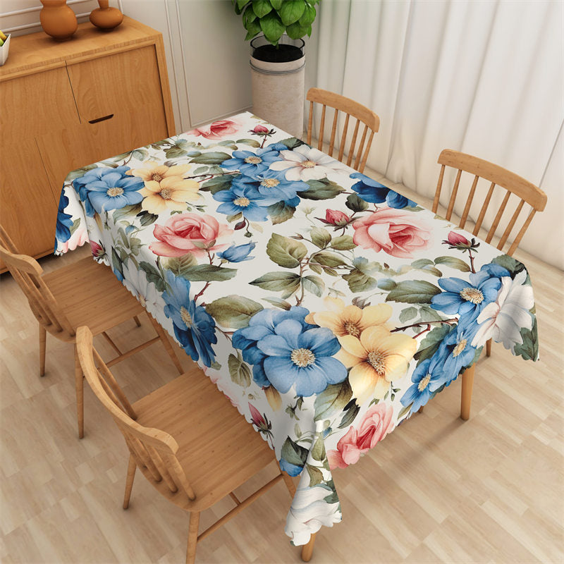 Aperturee - Blue Pink Floral Green Leaves Rectangle Tablecloth