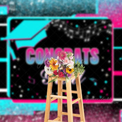 Aperturee - Blue Pink Glitter Congrats Grad Photography Backdrop