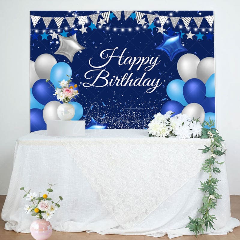 Aperturee - Blue Silver Balloon Happy Birthday Backdrop