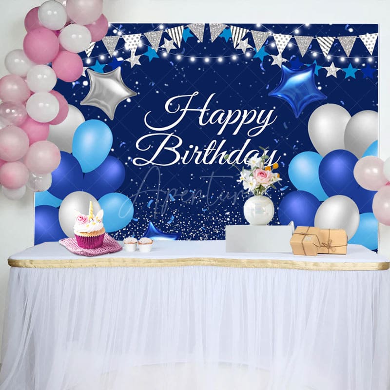 Aperturee - Blue Silver Balloon Happy Birthday Backdrop