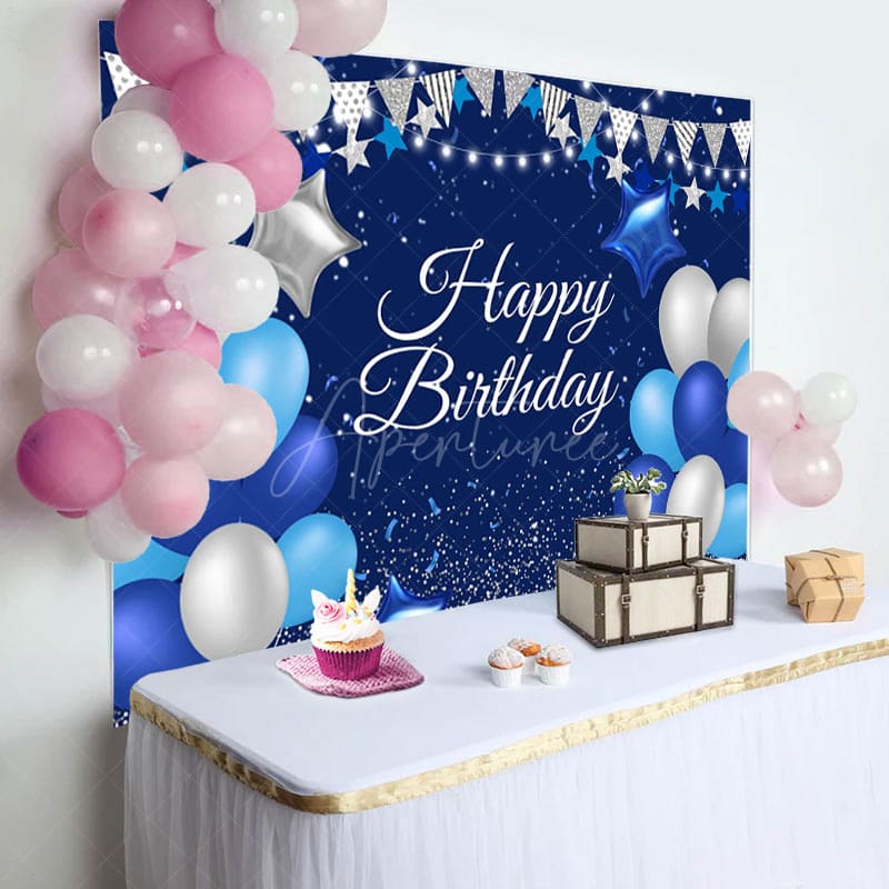 Aperturee - Blue Silver Balloon Happy Birthday Backdrop