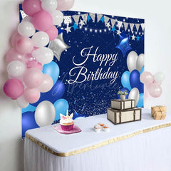 Aperturee - Blue Silver Balloon Happy Birthday Backdrop