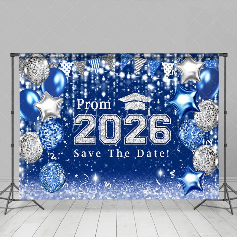 Aperturee - Blue Silver Balloons Bokeh Graduation Prom Backdrop
