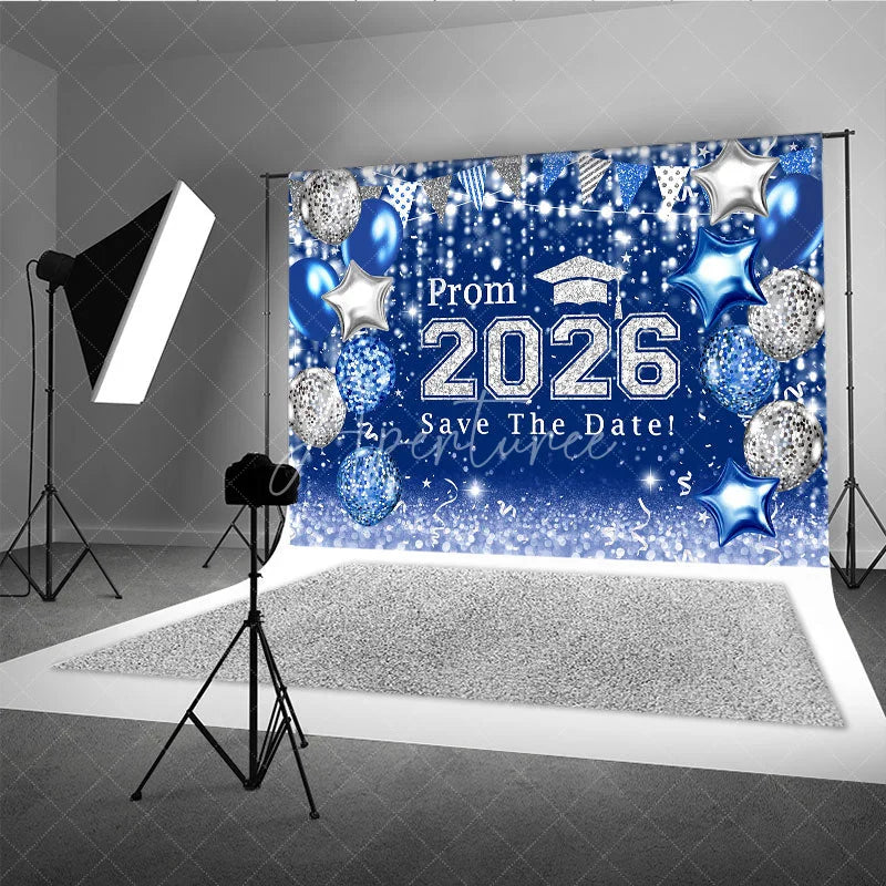 Aperturee - Blue Silver Balloons Bokeh Graduation Prom Backdrop