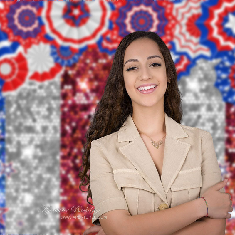 Aperturee - Blue Silver Red Glitter Independence Day Backdrop