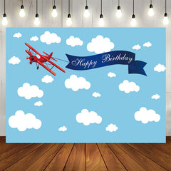 Aperturee - Blue Sky and Cloud Red Plane Happy Birthday Backdrop