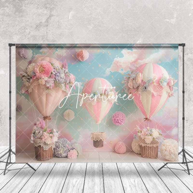 Aperturee - Blue Sky Floral Hot Air Balloon Cake Smash Backdrop