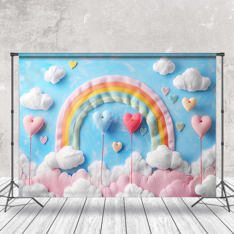 Aperturee - Blue Sky Rainbow Clouds Heart Cake Smash Backdrop