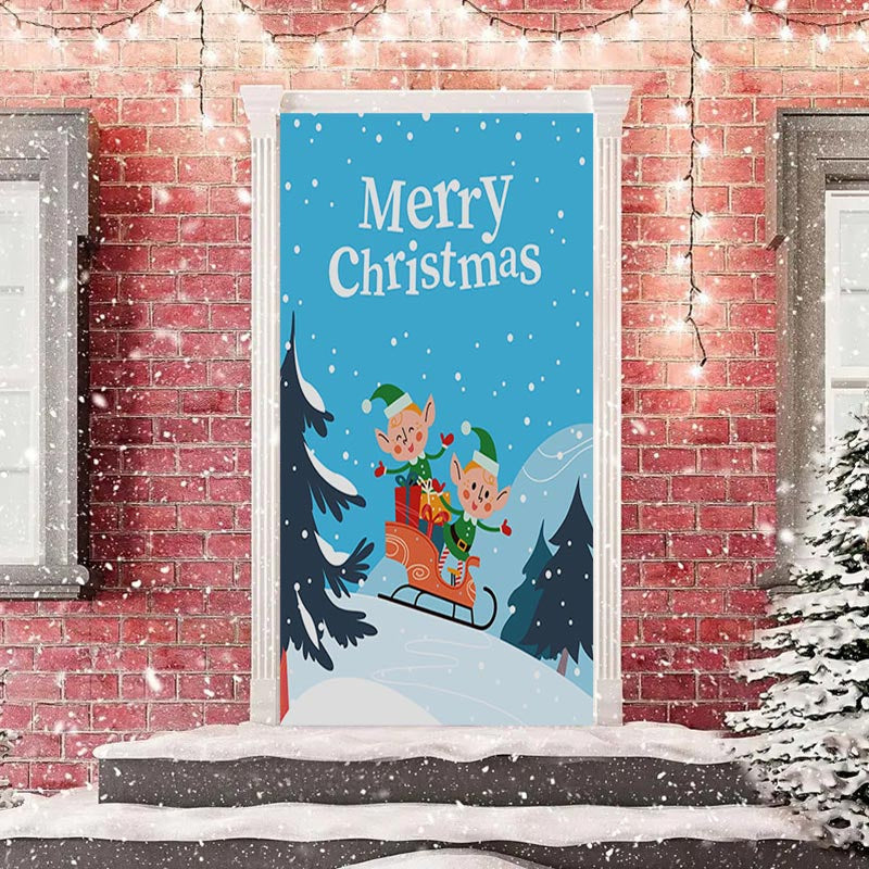 Aperturee - Blue Sky Snowy Forest Elf Merry Christmas Door Cover