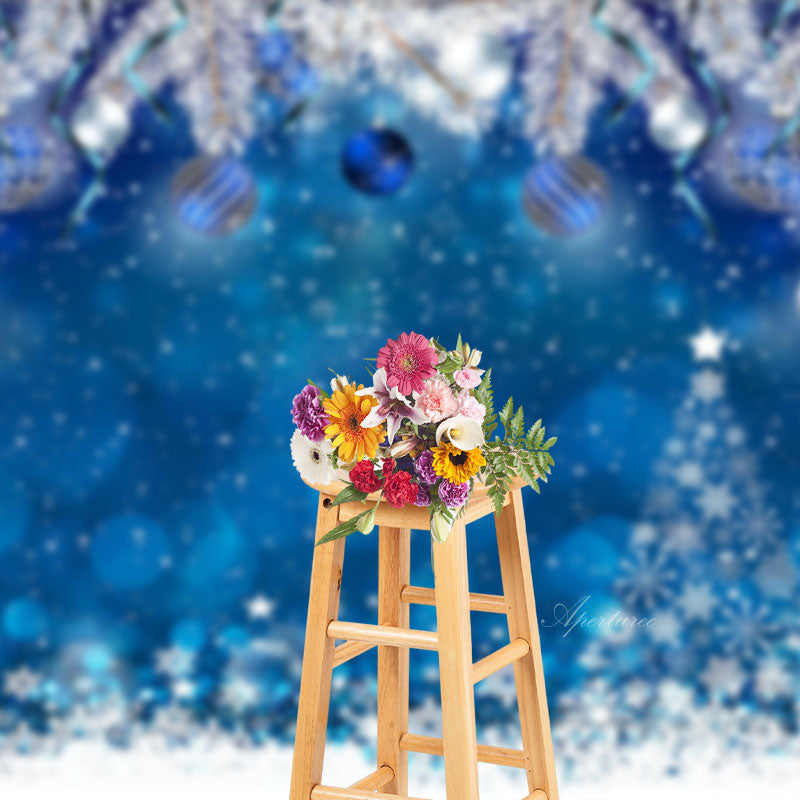 Aperturee - Blue Snowflake Ball Bokeh Christmas Photo Backdrop