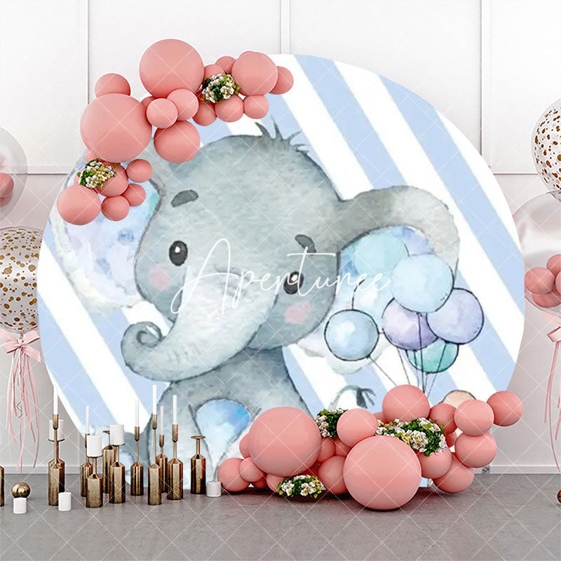 Aperturee - Blue Stripe Elephant Round Baby Shower Backdrop