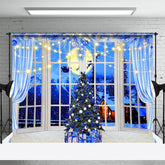 Aperturee - Blue Tree Window Moon Sleigh Christmas Backdrop