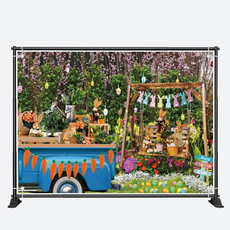 Aperturee - Blue Truck Floral Tree Bunny Eggs Easter Backdrop