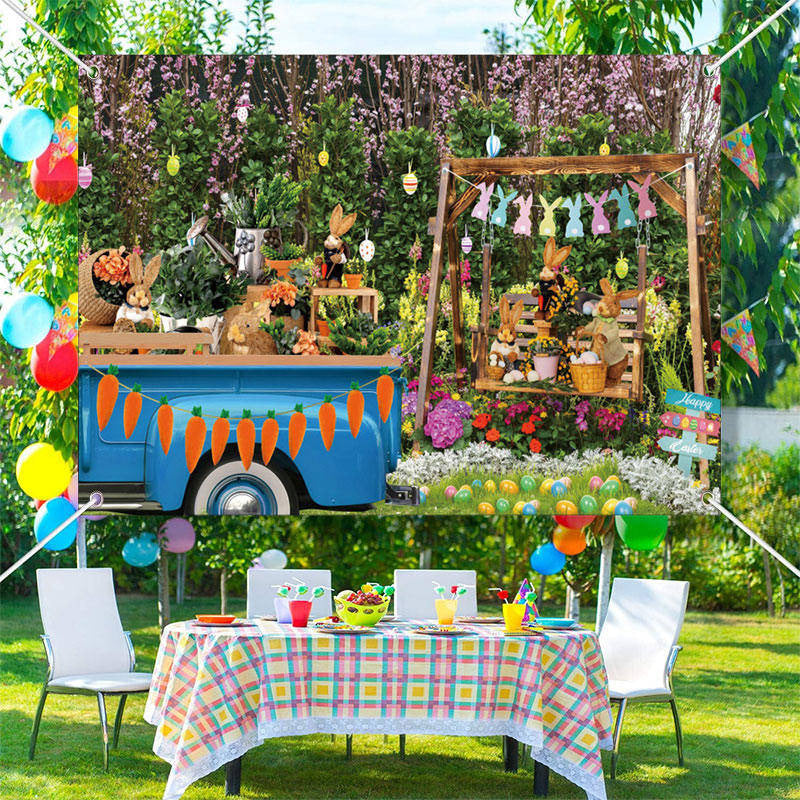 Aperturee - Blue Truck Floral Tree Bunny Eggs Easter Backdrop