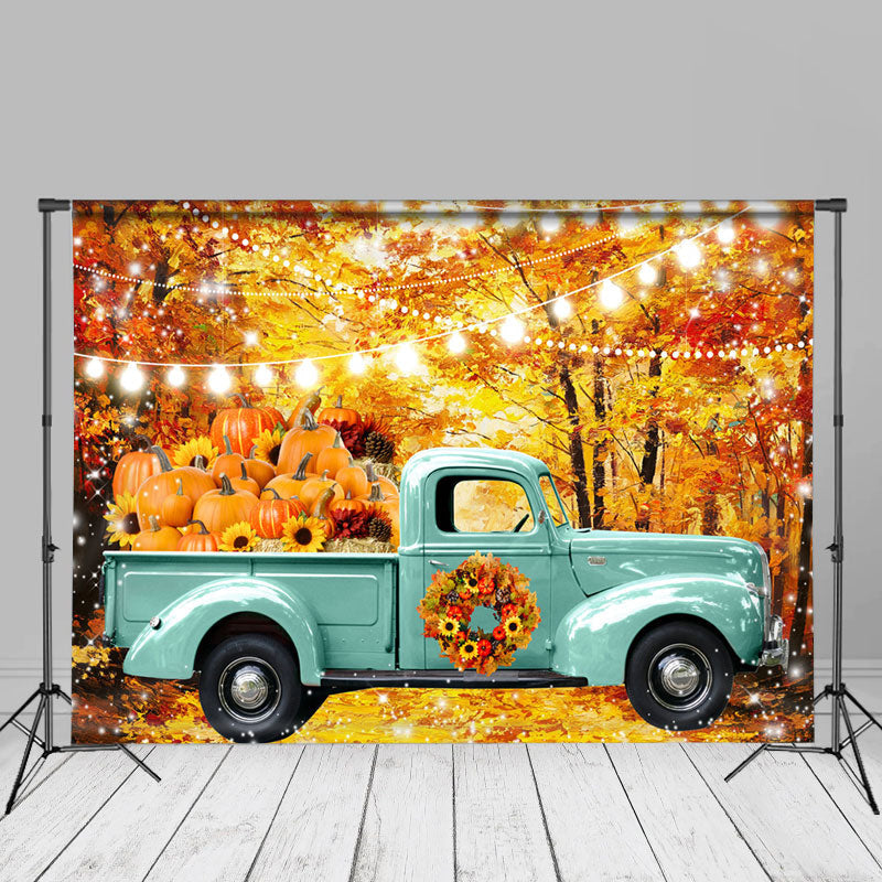 Aperturee - Blue Truck Light Pumpkin Maple Leaf Autumn Backdrop