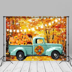 Aperturee - Blue Truck Light Pumpkin Maple Leaf Autumn Backdrop
