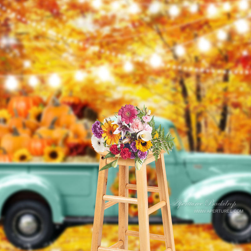 Aperturee - Blue Truck Light Pumpkin Maple Leaf Autumn Backdrop