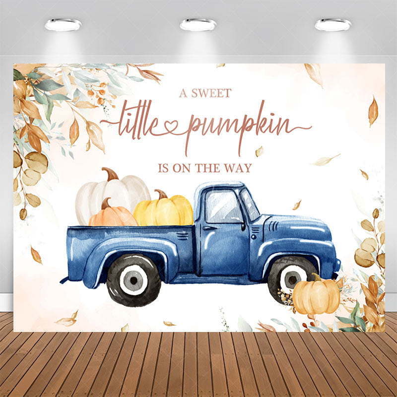 Aperturee - Blue Truck Little Pumpkin Leaf Baby Shower Backdrop