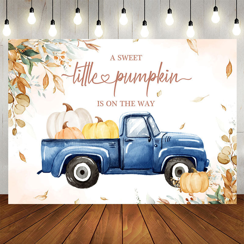 Aperturee - Blue Truck Little Pumpkin Leaf Baby Shower Backdrop