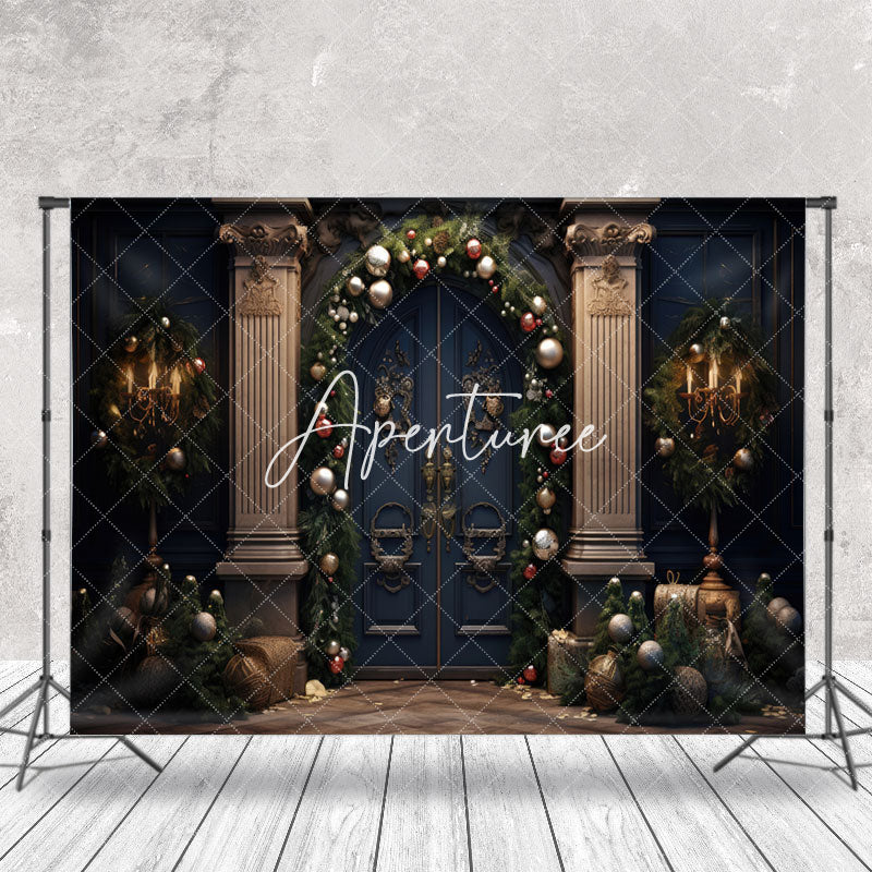 Aperturee - Blue Vintage Door Green Leaves Christmas Backdrop