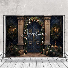 Aperturee - Blue Vintage Door Green Leaves Christmas Backdrop