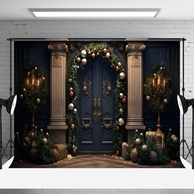 Aperturee - Blue Vintage Door Green Leaves Christmas Backdrop