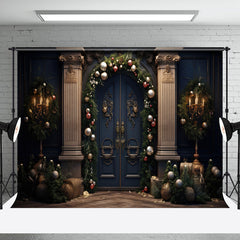 Aperturee - Blue Vintage Door Green Leaves Christmas Backdrop