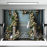 Aperturee - Blue Wall Floral Eggs White Rabbit Easter Backdrop