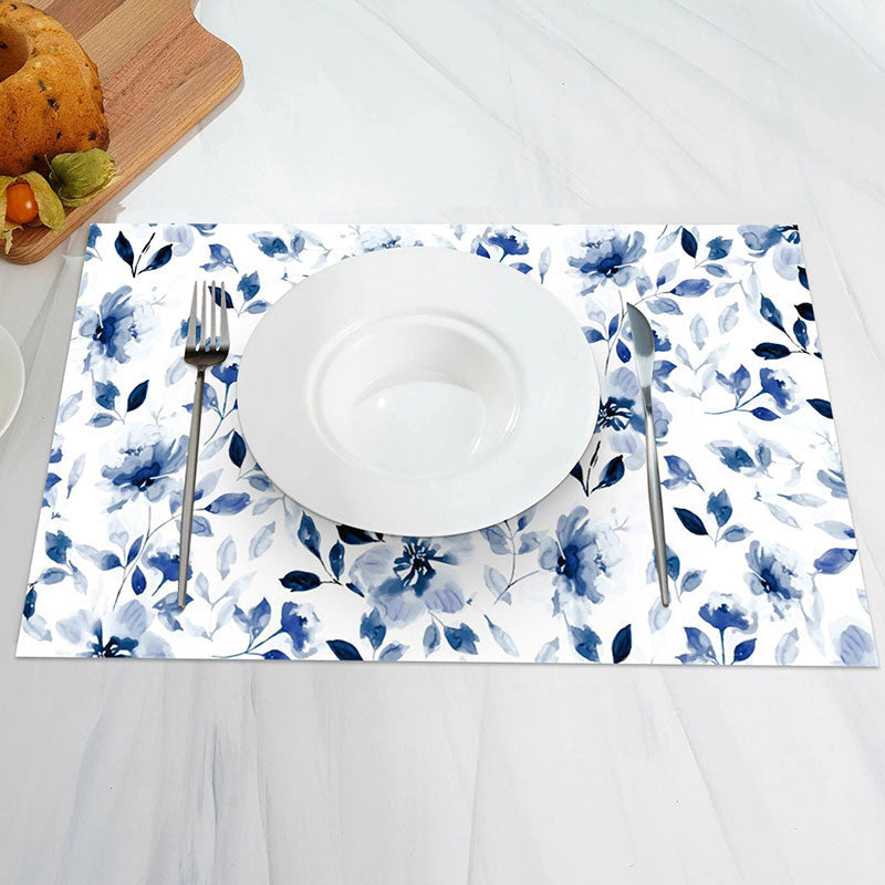 Aperturee - Blue Water Color Floral Leaves Set Of 4 Placemats