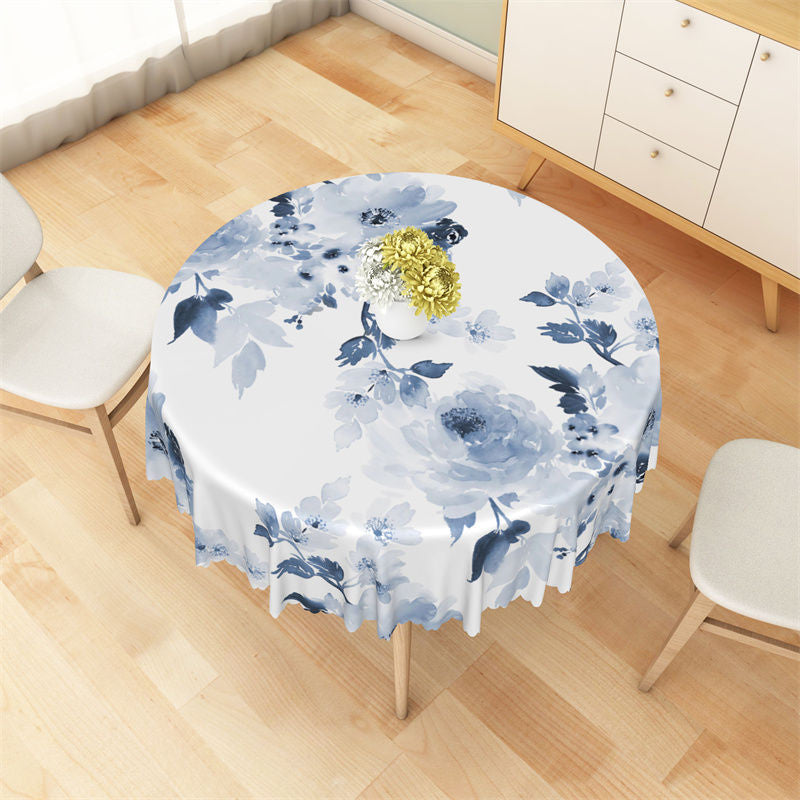 Aperturee - Blue Watercolor Floral Classical Round Tablecloth
