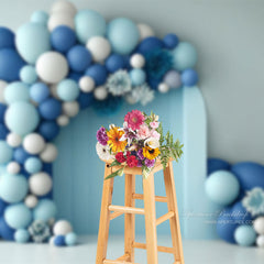 Aperturee - Blue White Balloon Floral Birthday Cake Smash Backdrop
