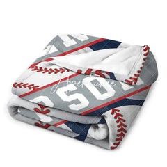 Aperturee - Blue White Baseball Sports Personalized Name Blanket