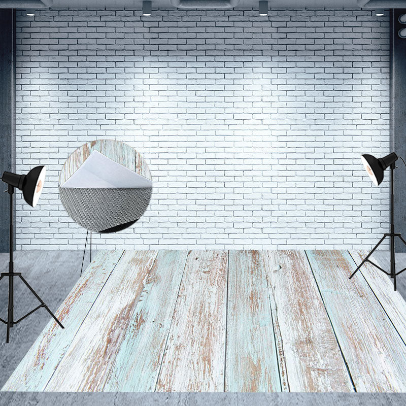 Aperturee - Blue White Paint Wooden Rubber Floor Mat For Photos