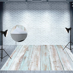 Aperturee - Blue White Paint Wooden Rubber Floor Mat For Photos