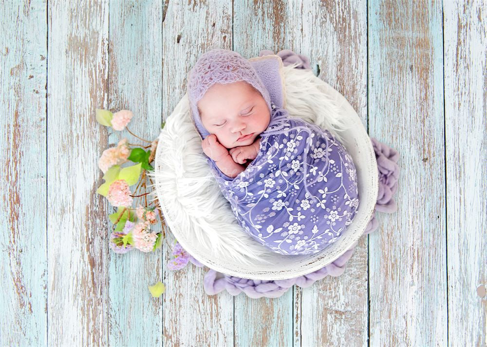 Aperturee - Blue White Paint Wooden Rubber Floor Mat For Photos
