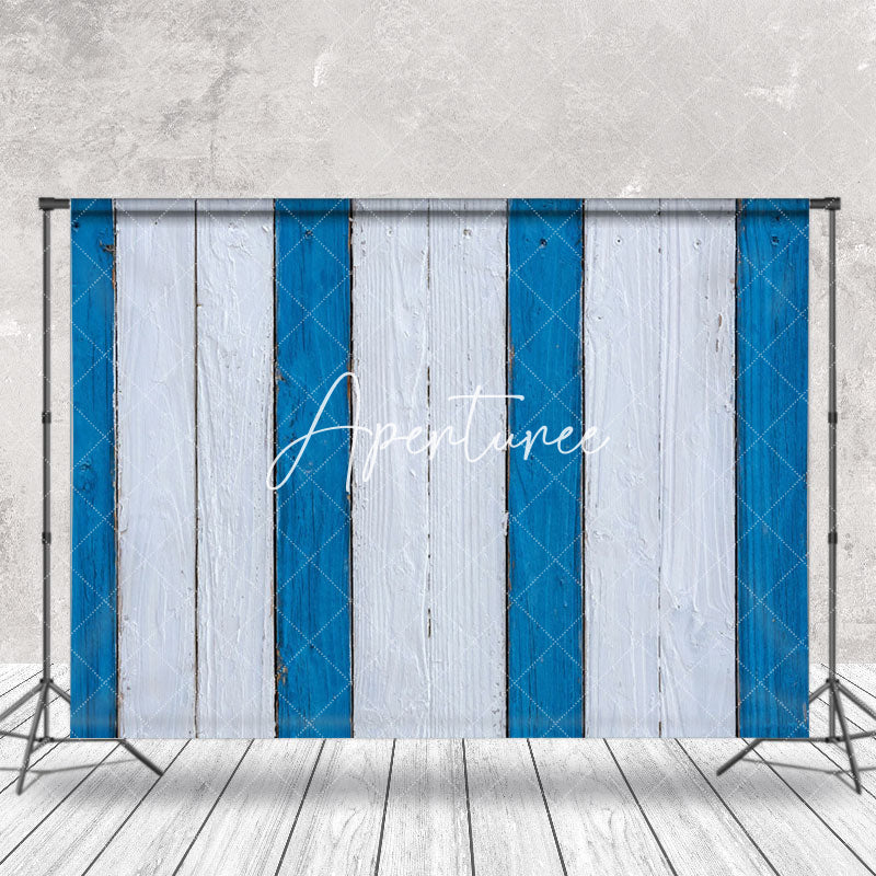 Aperturee - Blue White Painted Vertical Stripe Wood Backdrop