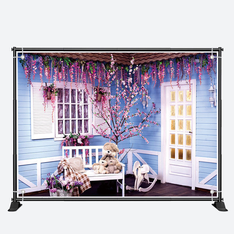 Aperturee - Blue Wood House Purple Floral Architecture Backdrop