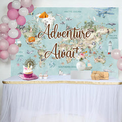 Aperturee - Blue World Map Travel Baby Shower Backdrop For Boy