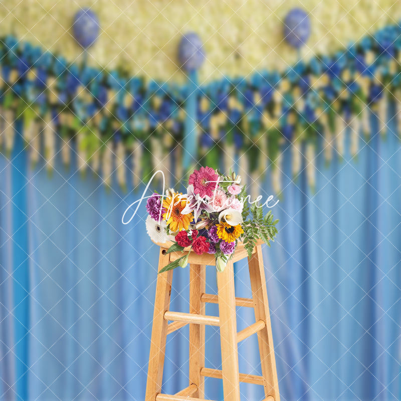 Aperturee - Blue Yellow Floral Valentines Day Photo Backdrop