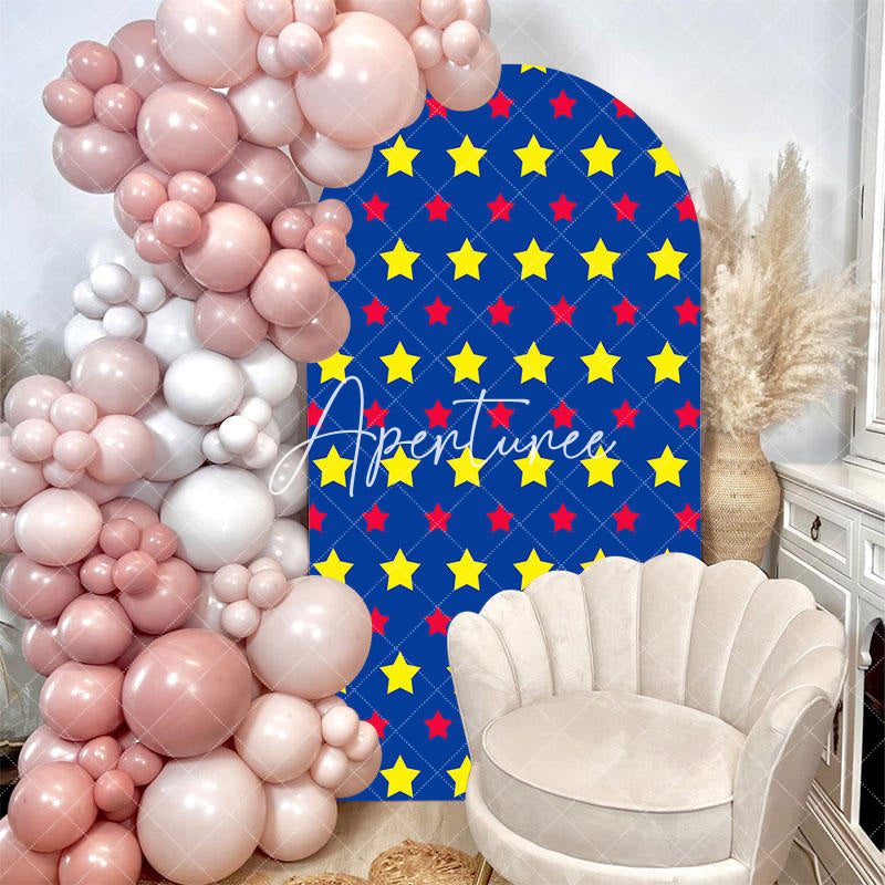 Aperturee - Blue Yellow Red Stars Birthday Party Arch Backdrop