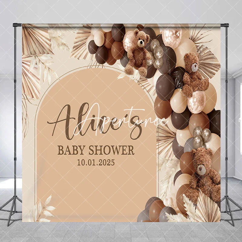Aperturee - Boho Bear Balloons Custom Name Baby Shower Backdrop