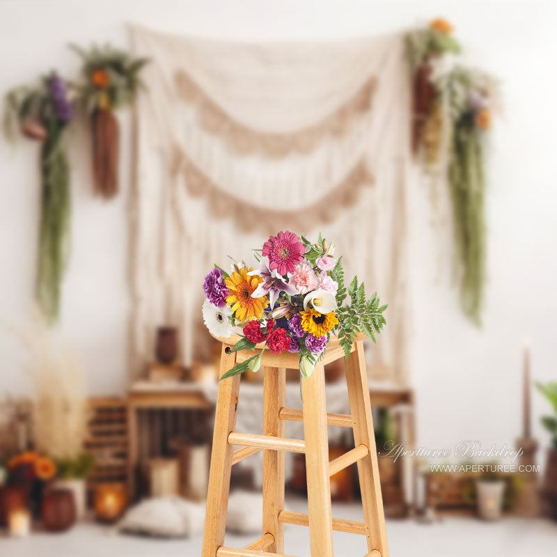 Aperturee - Boho Beige Curtain Plant Floral Cake Smash Backdrop